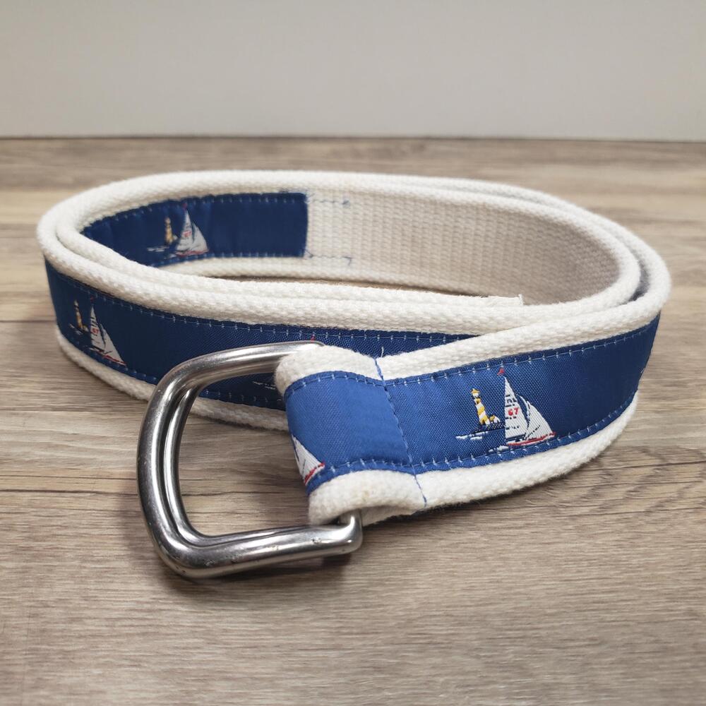 Polo Ralph Lauren Belt Mens 34 Blue Cotton Webbed Sailboat Nautical D Ring